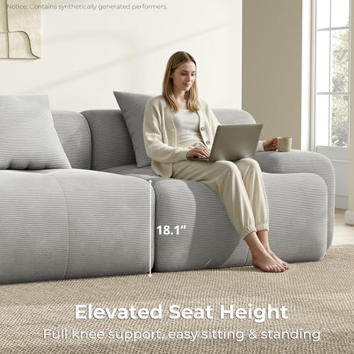 Image of LIKIMIO LumiCord 118 inch Tufted Modular Sectional Sofa with Ottoman, Modern L-Shaped Boneless Couch for Living Room, 26.8 inch Deep Seat, 18.1 inch High Seating, 15 inch Wide Armrest, Corduroy, Pebble Grey