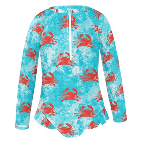Girls Long Sleeve Swimsuit Crabs Ocean One Piece Bathing Suit Zipper UPF 50+ Rashguard Swimwear 3-12Y2