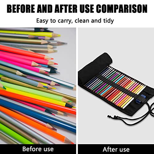 Image of Yitexin 72 Slots Canvas Pencil Roll Wrap, Handmade Roll-Up Pencil Case Pouch Fabric, Large Capacity Pencil Case Holder Organizer for Artists Painting, Sketchers(Black)
