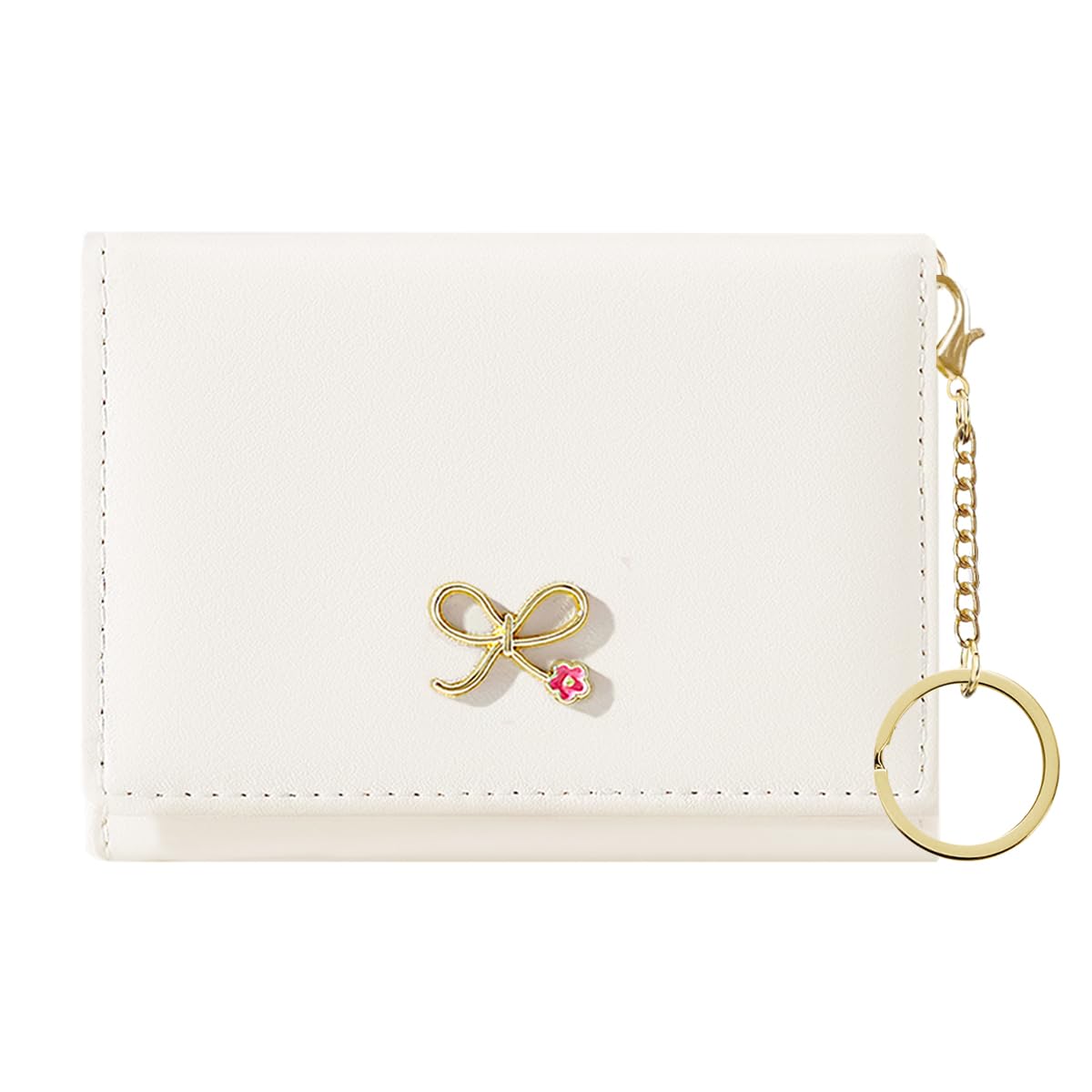 Sunwel Fashion Cute Coquette Bow Wallet with Key-chain Aesthetic Card Holder ID Window for Women Girls (271OFFWHITE)