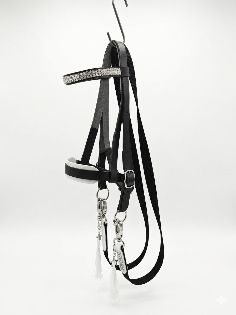 Generisch Hobby Horse Trense, negro con brillantes, acolchado blanco, herrajes de metal plateado, con riendas