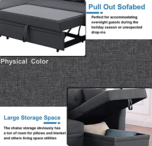 Sleeper Sectional Sofa Pull Out Sofa Bed For Small Spaces Small Sectional Couch Bed For Living Room With Storage Chaise For Apartment Bedroom,Guest Room, Dark Grey #TOP3