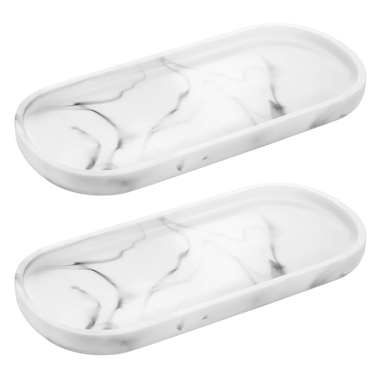 2 PCS Bathroom Tray, 25x11cm Silicone Oval Storage Tray Non-Slip Vanity Trays Toilet Tank Storage Organiser for Soap Candles Perfume Jewelry Ring Dish (White Marble)