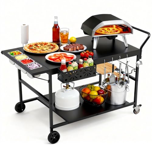 47' Outdoor Pizza Oven Table with Wheels, Pizza Oven Cart for Outside with Propane Tank Holder, Heavy Duty Pizza Oven Stand Prep Table for BBQ Patio Backyard Cooking