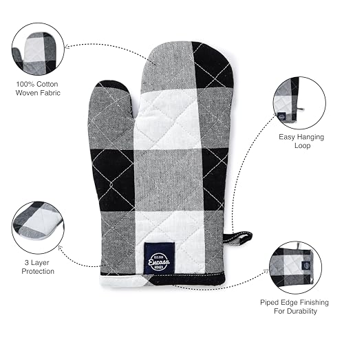 Image of Encasa XO Oven Gloves for Microwave (2 pc Set) - Heat Proof, Thick & Safe | Longer 18x30 cm Mittens for Protection in Kitchen Cooking & Baking - Buffalo Black Checks