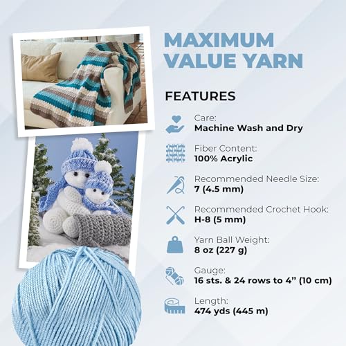 Image of Mary Maxim Maximum Value Acrylic Yarn for Crocheting and Knitting, Soft Worsted Weight Blue Yarn 4, Ideal for Blankets, Sweaters, Hats, and Scarves, 8 oz Skein (474 Yds), Light Blue - 1 Skein