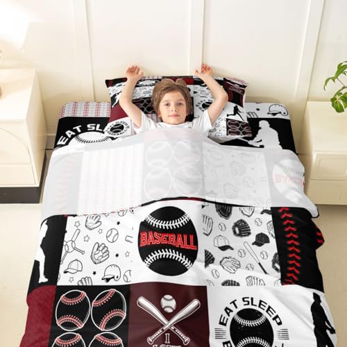 Image of Castle Fairy Baseball Bed Sheet Set Twin Size,Sports Geometric Grid Red Sheet Set Kids Teens,Patchwork Baseball Bedding Decor Set with 1 Flat & 1 Fitted Sheet with 1 Pillow Sham
