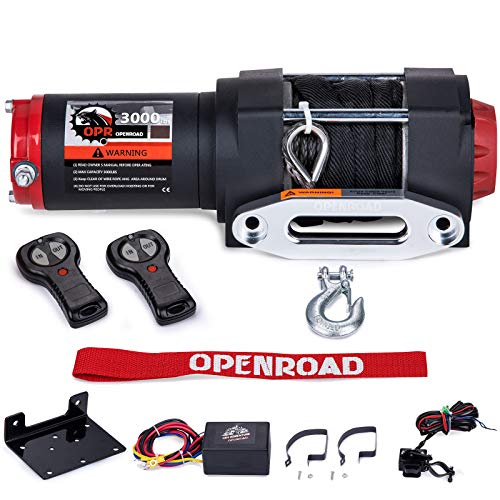 OPENROAD 3000Lbs 12 Volts Electric Winch, Winch for ATV/UTV/Boat, 3000Lbs /1360Kg Electric Winch Kit, with 9m/29ft Winch Synthetic Rope, Towing Off-Road Electric Winch Recovery kit (3000Lbs Black)