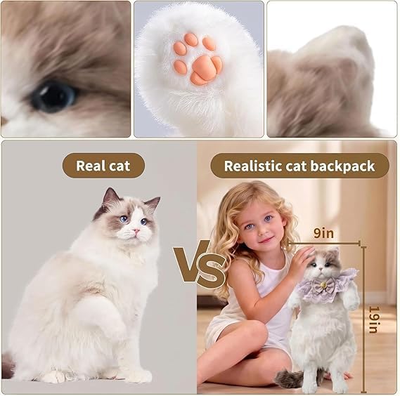 Image of Cute Realistic Cat Plush Backpack for Girls Women Kids, Stuffed Animal Kitty Bag with Meow Sound, Adjustable Shoulder & Crossbody Straps, Backpack for Travel School College