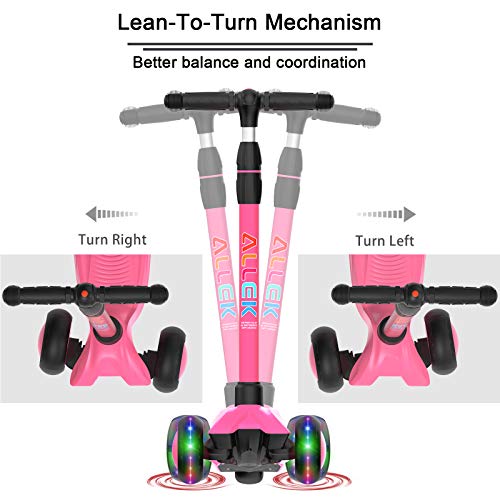 Image of Allek Kick Scooter B03, Lean 'N Glide 3-Wheeled Push Scooter with Extra Wide PU Light-Up Wheels, Any Height Adjustable Handlebar and Strong Thick Deck for Children from 3-12yrs (Rose Pink)