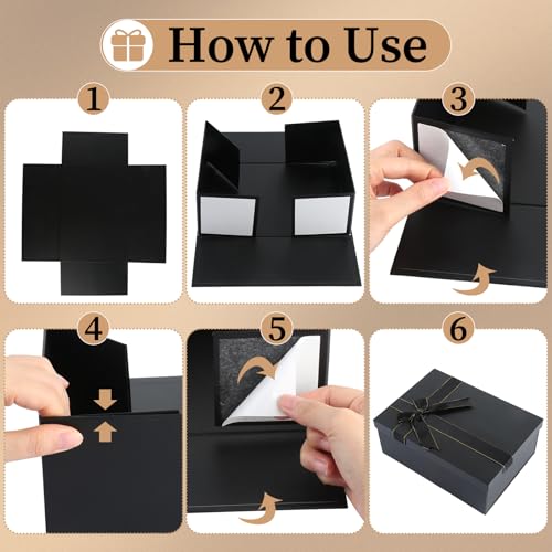 Geschenkbox mit Deckel, 22,5 x 16 x 8,5cm Schwarze Geschenkbox Geburtstag, Geschenkverpackung mit Grußkarte, Lichterkette, Bast und Tragetasche, Geschenkkarton für Hochzeit, Geburtstag