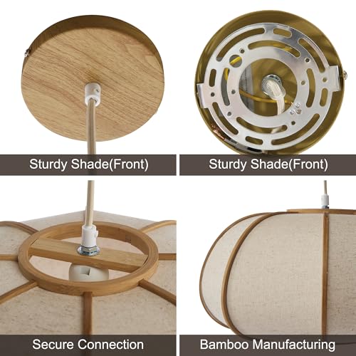 Image of Pendant Light, Boho Bamboo Hanging Light with Adjustable Height | 15 inch Pumpkin Drum Linen Shade, Farmhouse Ceiling Light Fixture for Dining Rooms, Kitchen Islands, Bedrooms, Entryways, E26