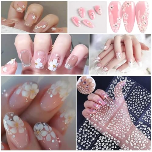 Image of MAYCREATE 30 Sheets White Flower Nail Stickers Self Adhesive Floral Decals | Easy Peel and Apply, Neat Coverage for Quick Manicures, Small Floral Designs, Ideal for Home and Salon Nail Styling