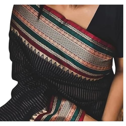 Image of Black Narayanpet Pure Mercerised Cotton Saree with stripes | Handloom Traditional Saree with Contrast Border | Soft Lightweight Ethnic Wear | Festive & Daily Wear Saree |