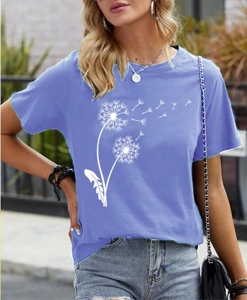 Image of Womens Dandelion T Shirts Sunflower Graphic Short Sleeve Casual Tops
