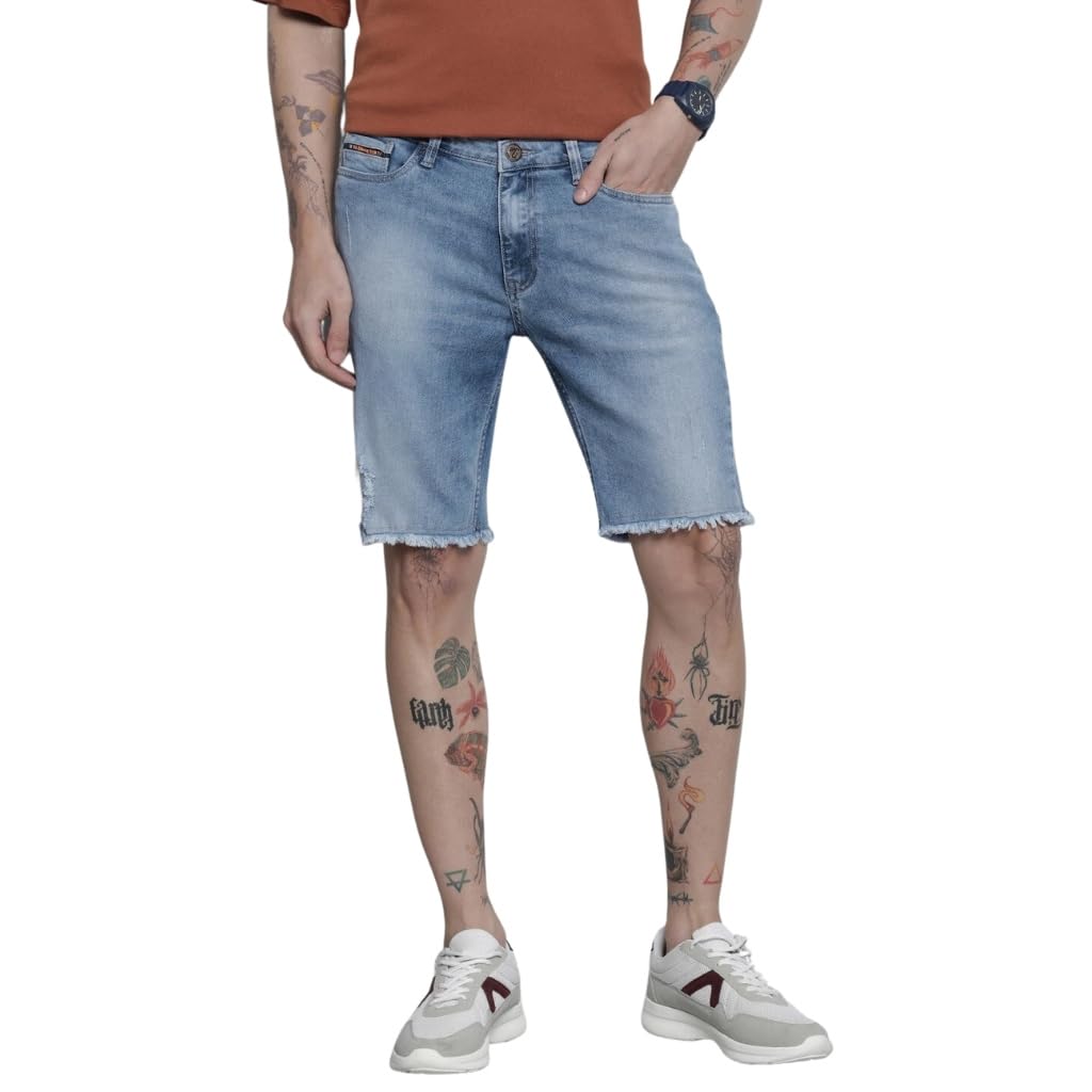 the indian garage co Men Slim Fit Solid Mid-Rise Denim Shorts-picture-20