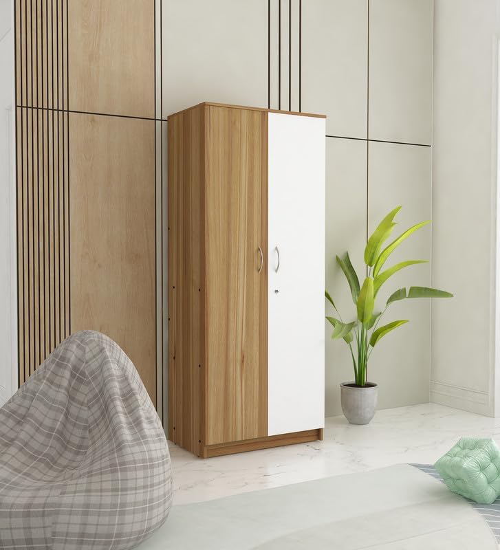 Image of Lara Multipurpose 2-Door Wardrobe | Engineered Wood | Spacious Shelves & Hanging Rail | Lyon Teak & White Finish | Durable & Space-Saving | Easy Knock-Down Assembly