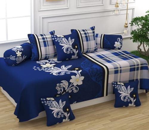 Image of Microfiber Fabric 8Pcs Diwan Blend Set of 60X90 Inch 1Bedsheet 16x16inch 5Cushion Covers 18x28 inch 2Bolster Covers (Carn Blue)