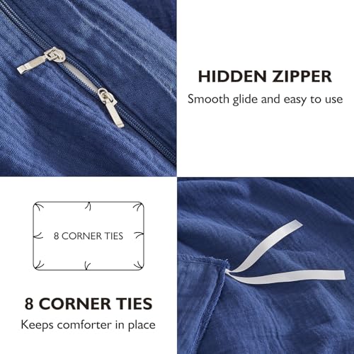 Image of EMME Muslin Cotton Duvet Cover Set King Size Linen Like Soft Breathable Lightweight Summer Comforter Cover Set with Zipper Closure (Navy, King, 104 inchx90 inch)