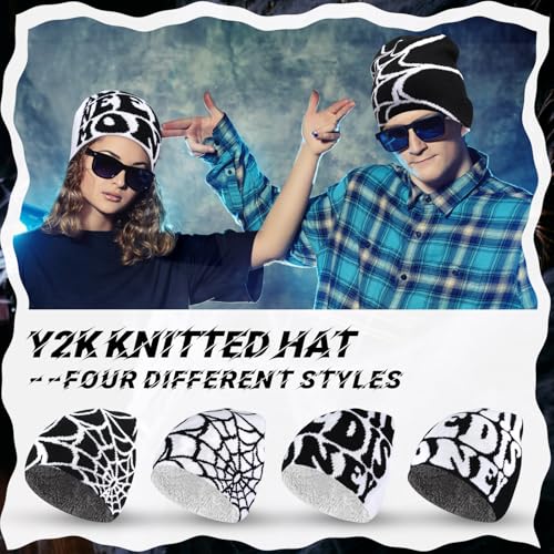 Image of Ramede 4 Pcs Y2k Beanie - Double Sided Graphic Beanies for Men and Women, Acrylic Knitted Y2k Hats Accessories