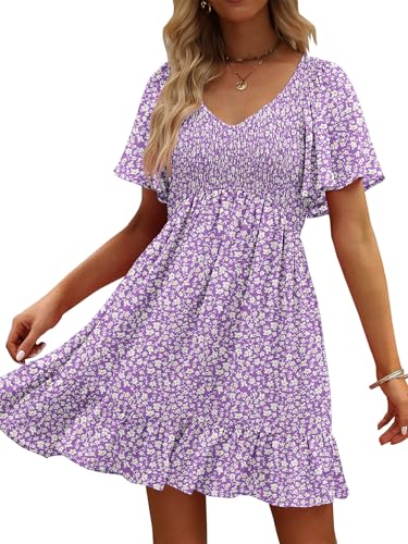 Image of UEAL Womens Cute Floral Smocked V Neck Flutter Sleeve Sundress with Pockets Casual Spring Summer Dresses for Women 2026