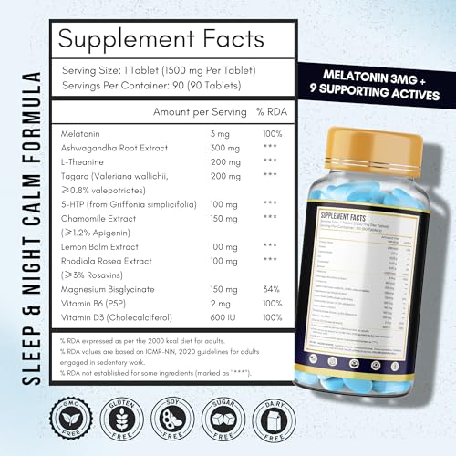 Image of Melatonin 3mg Sleep Tablets | 11 Actives Sleep Supplement with 5-HTP, Ashwagandha, Tagara & L-Theanine | Sleep Cycle & Nighttime Calm Support | Non-Habit Forming | 90 Veg Tablets (90 Days)