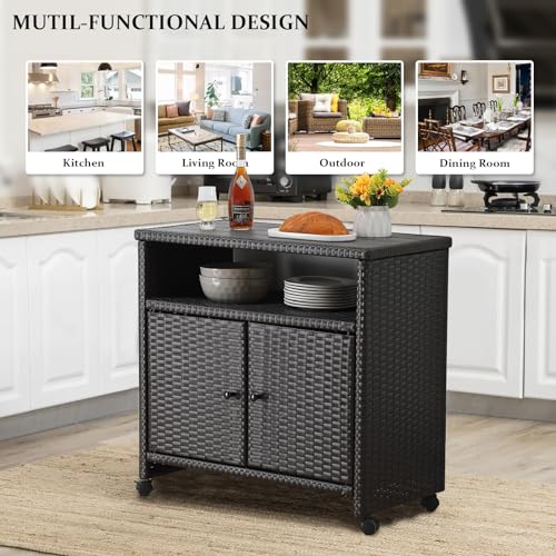 Googic Outdoor Wicker Storage Cabinet - Patio Bar Table With Wheel,Outdoor Buffet Cabinet Movable,Garden Weather-Proof Bar Table/Cart For Indoor&Outdoor thumb #6