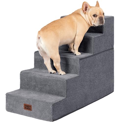 EHEYCIGA Dog Stairs for High Bed 22.5' H, 5-Step Dog Steps for Bed, Pet Steps for Small Dogs and Cats, Non-Slip Balanced Pet Ramp Indoor, Grey