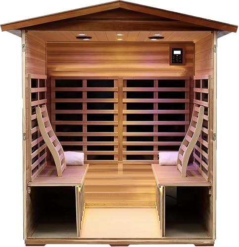 Image of LTCCDSS Ultra-Low EMF Outdoor Sauna 4 Person, Mahogany Far Infrared Sauna for Home EMF Average 0.5 mG, Chromotherapy, Bluetooth Speaker (68.1 * 52.4 * 82.7 inch)