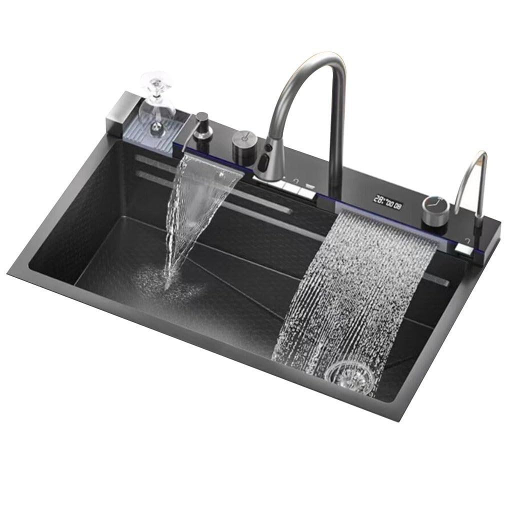 Singola ciotola 75 x 46 cm in acciaio inox cucina grande ciotola singola lavello pulsante acqua display digitale cascata lavello intelligente multifunzionale vegetale lavello sifone, nero,