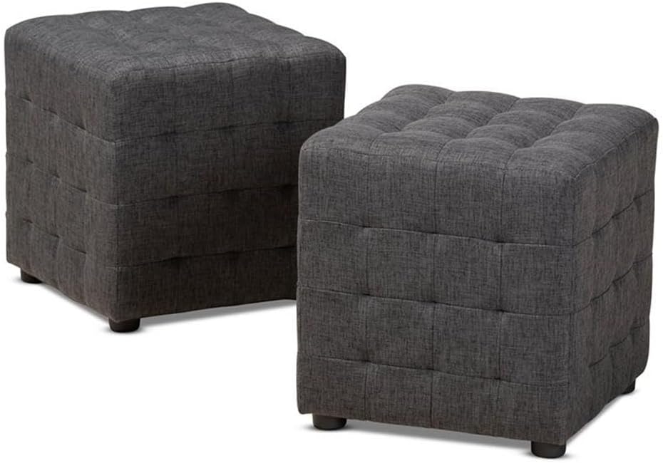 BOWERY HILL Upholstered Wood Cube Ottoman, Dark Gray Fabric, Set of 2, Biscuit Tufted Design, Solid Wood and MDF Construction, Black Plastic Legs, Contemporary Style, Living Room or Bedroom Use