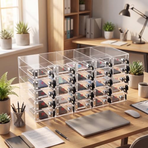 Image of Layhit Clear 25 Slots Cell Phone Locker Box for Classroom Clear Acrylic Cell Phone Storage Cabinet Bin with Door Locks for Classroom School Students Office Factory Employees