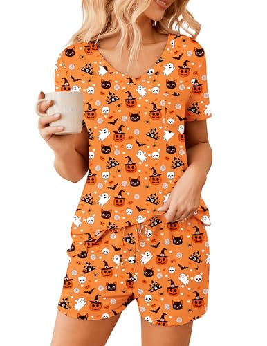 Image of Ekouaer Womens Pajama Sets Short Sleeve Pajamas for Women Sets Soft Lounge Sets Casual V Neck Sleepwear PJS