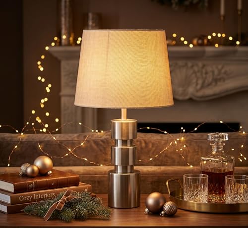 Image of Modern Silver Cylinder Table Lamp with Iridescent Glass Shade - Luxury Metallic Bedside Light for Living Room & Bedroom Decor