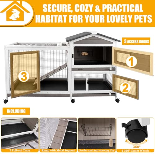 Petscosset Rabbit Hutch Indoor And Outdoor 2-Story Rabbit Cage With Pull Out Tray,Fir Wood Pet House With Wooden Ramp,Waterproof Bunny Cage Indoor With 2 Asphalt Roofs,Grey thumb #3