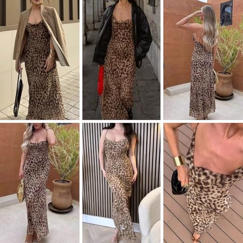 Image of Women's Sexy Sleeveless Tulle Leopard Print Maxi Dress - Elegant Spaghetti Strap Backless Party Dress