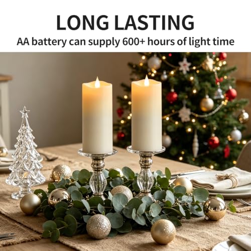 Image of Flameless LED Candles 3 inchx8 inch Set of 2, Battery Operated with Remote & Timer, 600-Hour on 2 AA Batteries, Flickering Realistic Flame, White for Indoor /Outdoor