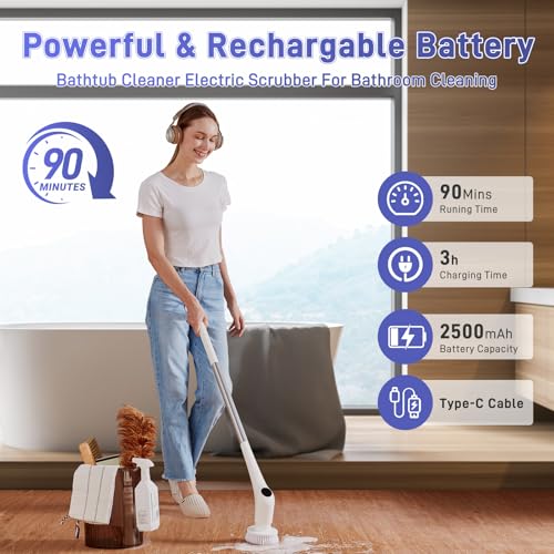 Image of FUNCCUBE Electric Spin Scrubber - Bathtub Shower Scrubber,Bathroom Cleaning Brush Floor Brushes with Long Handle,Power Cordless Automatic Handheld Mop Cleaner for Bath Tub Kitchen Tile Grout Hardwood