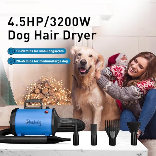 Blanlody Hundefön Blower Sehr Leise 4.5 PS / 3200W Motor Einstellbare Geschwindigkeit, Hundepflege-Trockner-Gebläse mit 4 verschiedenen Düsen elastischem Schlauch und Pflegebürste…