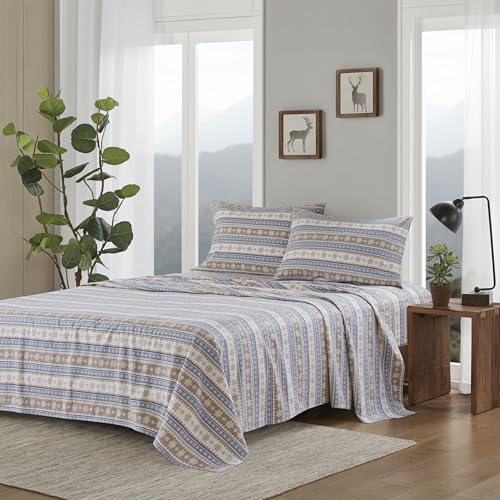 Image of Woolrich Cotton Sheet Set Cottage Charms Print, 100% Cotton Flannel Sheets Warm & Fuzzy Bedding Set King Size Sheets, Fitted Pocket Fits Up to 14 inch Mattress, King Blue Snowflake, 4 Piece