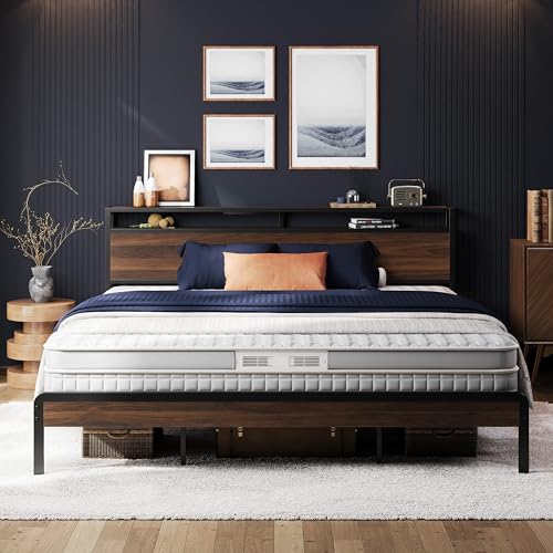 Image of LIKIMIO King Bed Frame with Headboard, Dark Wood Camas King with Strong Supports, Sturdy, Noise-Free, No Box Spring Needed, Dark Walnut