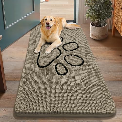 Image of Smiry Dog Door Mat for Muddy Paws, Absorbent Dirt Trapper Non Slip Quick Dry Washable Chenille Mat for Mud Dogs, Entry Rug for Indoor and Outdoor (48x30 Inches, Warm Taupe and Black)