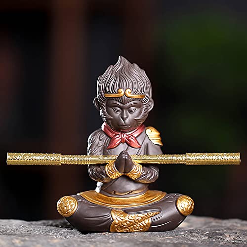 CHBDJY Monkey King Statue, Purple Sand Sun Wukong Tea Pet Figure, Journey to The West Fighting Buddha Statue with Ruyi Golden Cudgel for Home Decor Supplies, Collectible Gifts