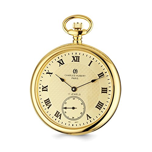 Charles Hubert IP-Plated Stainless Steel Open Face Gold Dial Pocket Watch 14.5