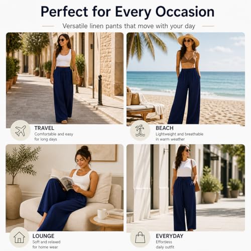 Image of Women Linen Wide Leg Pants High Waist Drawstring Elastic Waist Trousers Breathable Lightweight Summer Palazzo Pants Casual Travel Lounge Wear with Pockets