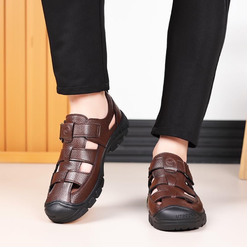 Men's Closed-Toe Leather Strap Business Sandal Genuine Leather Fisherman Sandals Anti-Slip Platform Summer Hollow Sandals for Casual Outdoor Travel4