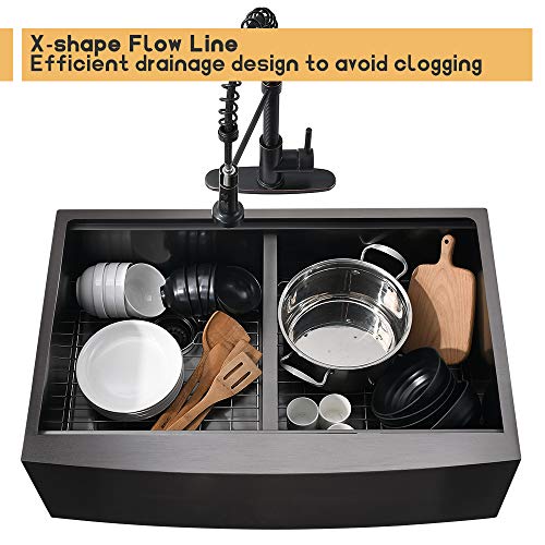 33 Inch Black Farmhouse Sink Double Bowl Workstation-Bokaiya 33X22 Inch Matte Black Stainless Steel Double Bowl Apron Front Sink 16 Gauge 50/50 Double Bowl Farm Sink #TOP5