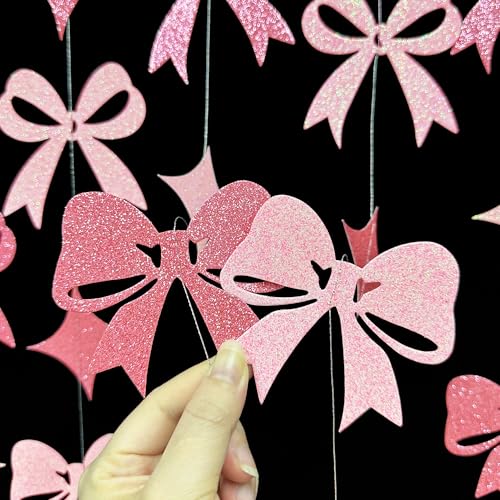 Image of Pink Bow Decorations Pink Glitter Paper Star Bow Hanging Garland Streamer Banner for Coquette Birthday Bridal Shower Wedding Anniversary Bachelorette Engagement Baby Shower Party Decorations Supplies