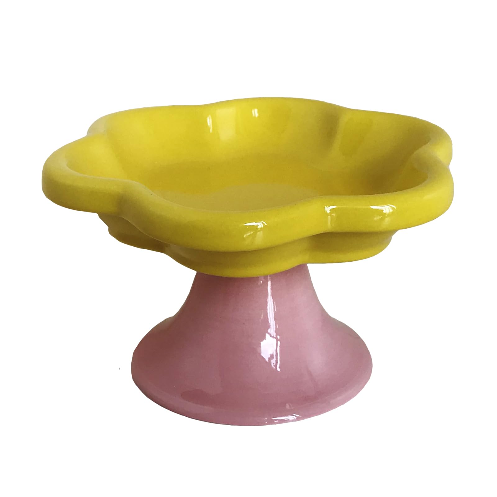 Ceramic Elevated Cat Bowls Flower Dish,Small Raised Dish.Flower Ceramic Raised Bowls for Cats and Small Dogs reducing pet’s Neck Bending and Pressure （Yellow Pink）