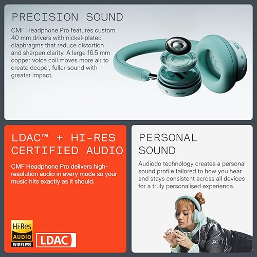 Image of CMF BY Nothing Headphone Pro, Hi-Res+LDAC|100hrs Playback|40dB ANC|5min=8hrs Charge|40mm Driver Bluetooth & Wired (Dark Grey, On The Ear)